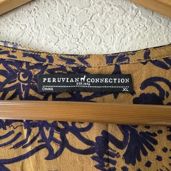 PERUVIAN CONNECTION Mini Dress Brown Blue Floral Puff Sleeve Boho - Picture 10 of 13